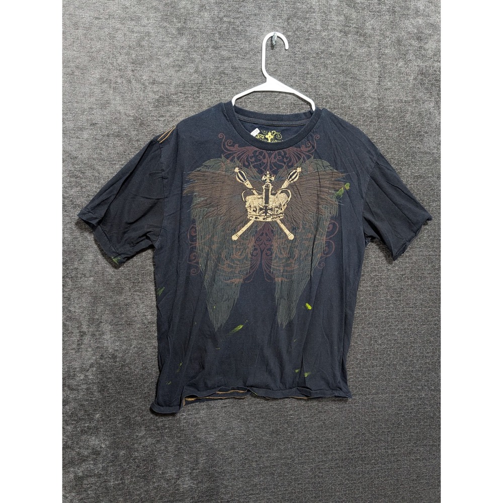 Robert Wayne Mens XL Graphic T-Shirt Gothic Wings Crown Crest Distressed Black